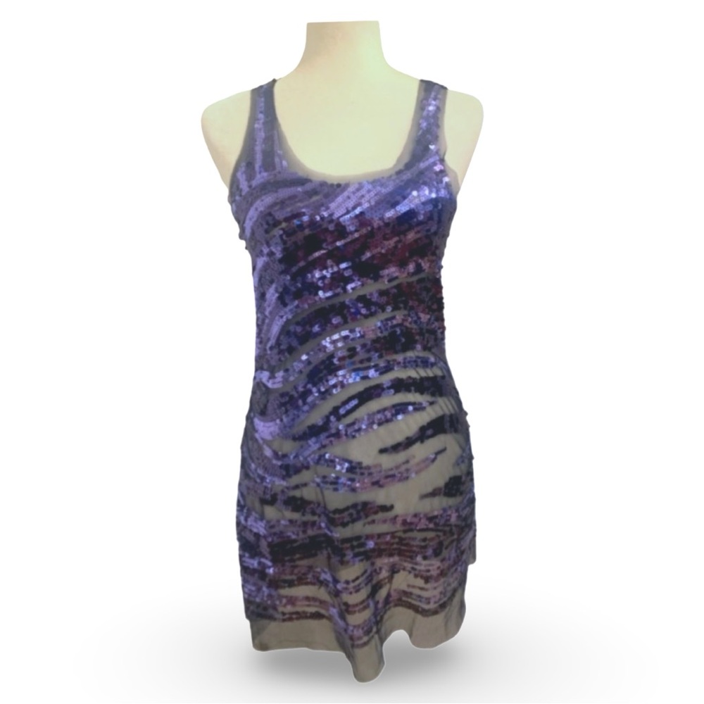Blue / Purple Sequin Mini Tunic Dress with Sheer Mesh Details